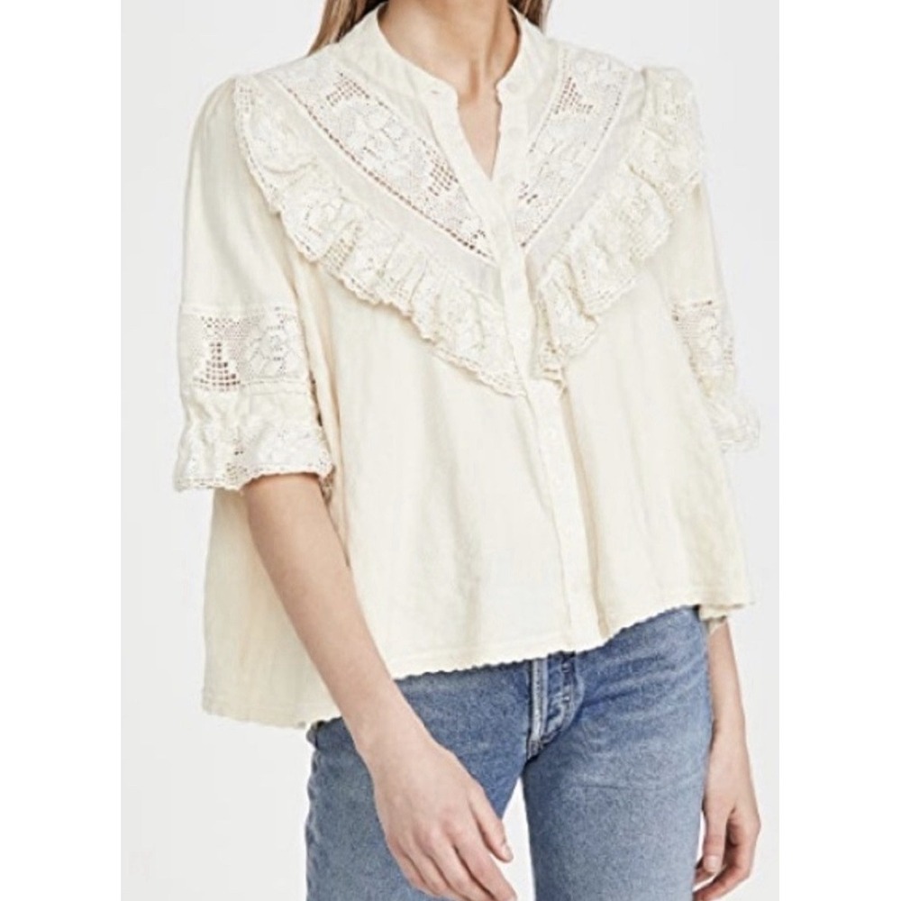 Free People Walk In The Park Blouse Top Lace Button Ruffle Size XL Cottagecore